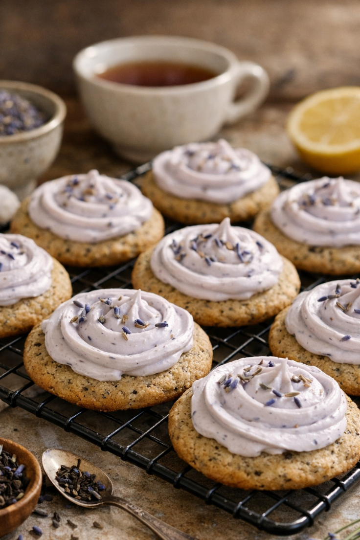 brown butter cookies with earl grey and lavender cream cheese frosting