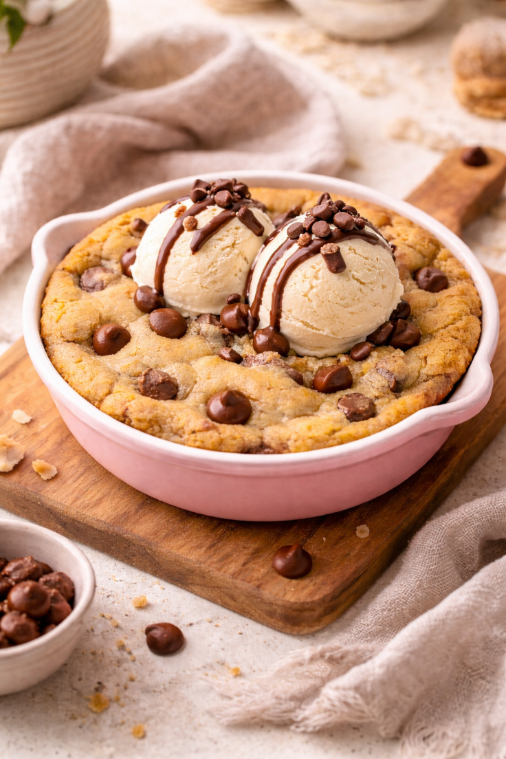 brown butter nutella stuffed scoopable chocolate chip cookie pie with ice cream