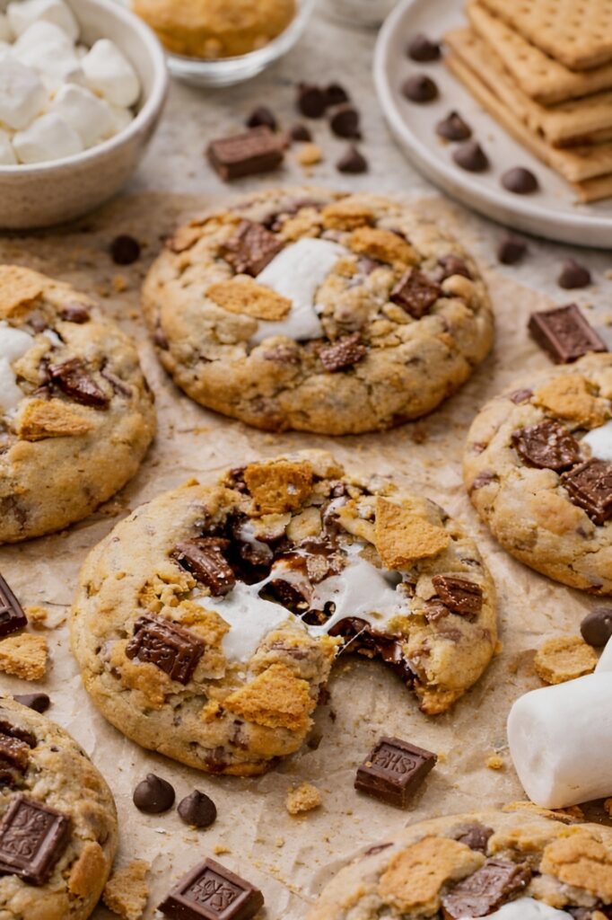 brown butter s'mores stuffed chocolate chip cookies